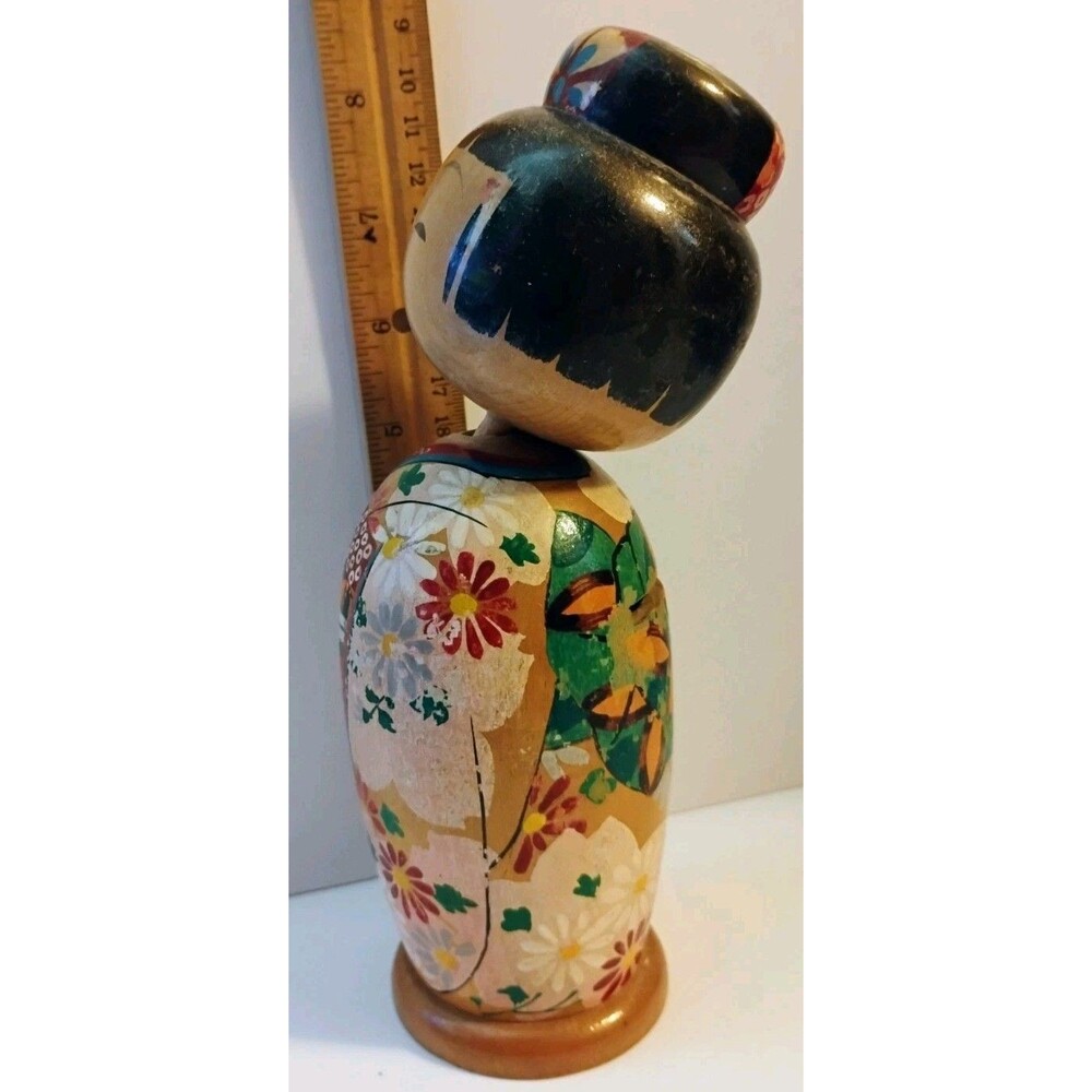 Vintage Japanese Kokeshi Bobblehead Doll Bank 8" Wood Painted Kimono Nodder - Picture 6 of 7